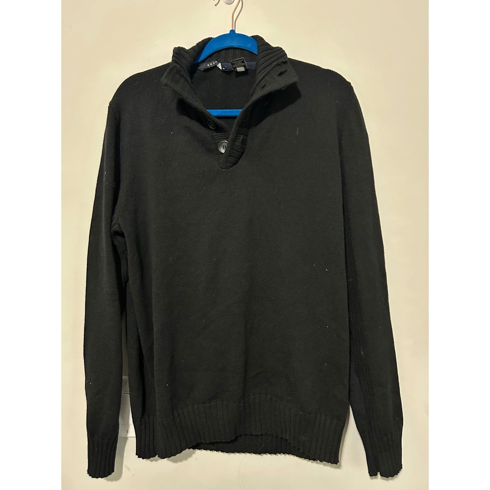 Sean John Mens Black Cotton Button Mock‎ Neck Knit Sweater Pullover
